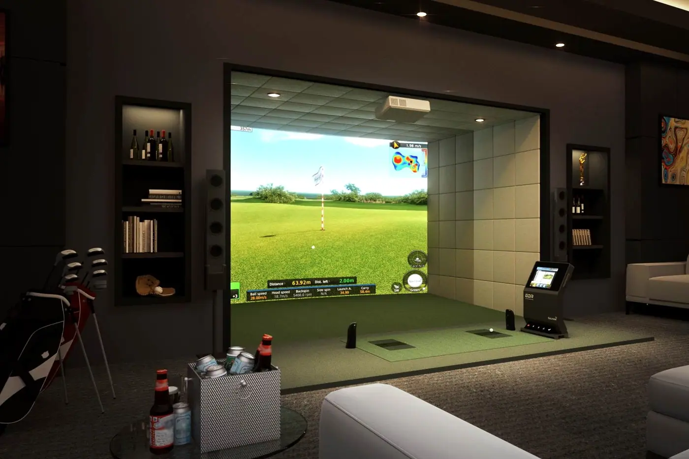 Visualisierung: GOLFZON Vision Standard in einem Wohnraum mit Bücherregal und Sofa